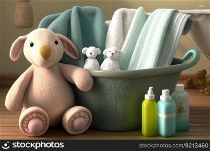 baby bathtub surrounded by plush towels, with a basket of baby products nearby, created with generative ai. baby bathtub surrounded by plush towels, with a basket of baby products nearby