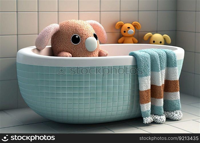 baby bathtub surrounded by plush towels, with view of bathroom tiles and faucet, created with generative ai. baby bathtub surrounded by plush towels, with view of bathroom tiles and faucet