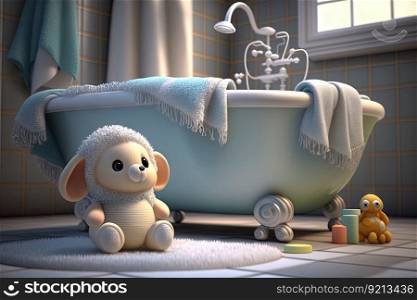 baby bathtub surrounded by plush towels, with view of bathroom tiles and faucet, created with generative ai. baby bathtub surrounded by plush towels, with view of bathroom tiles and faucet