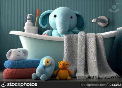 baby bathtub surrounded by towels and washcloths in bathroom, created with generative ai. baby bathtub surrounded by towels and washcloths in bathroom