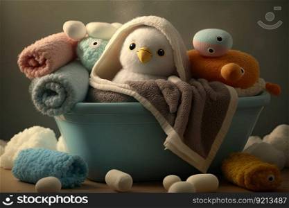 baby bathtub surrounded by towels and washcloths, ready for a soothing bath, created with generative ai. baby bathtub surrounded by towels and washcloths, ready for a soothing bath