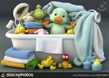 baby bathtub surrounded by towels and washcloths, ready for, created with generative ai. baby bathtub surrounded by towels and washcloths, ready for