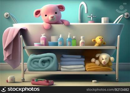 baby bathtub surrounded by towels and washcloths, with extra supplies on nearby shelf, created with generative ai. baby bathtub surrounded by towels and washcloths, with extra supplies on nearby shelf