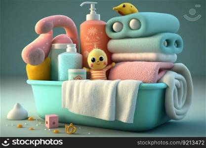 baby bathtub surrounded by towels, soap and sh&oo for comfortable experience, created with generative ai. baby bathtub surrounded by towels, soap and sh&oo for comfortable experience