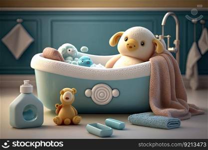 baby bathtub surrounded by towels, soap and shampoo for comfortable experience, created with generative ai. baby bathtub surrounded by towels, soap and shampoo for comfortable experience