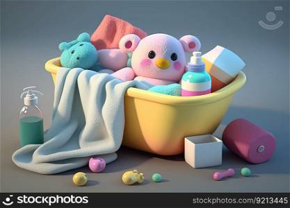 baby bathtub surrounded by towels, washcloths, and soap, created with generative ai. baby bathtub surrounded by towels, washcloths, and soap