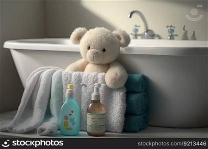 baby bathtub with stack of fluffy towels and bottle of baby shampoo on the side, created with generative ai. baby bathtub with stack of fluffy towels and bottle of baby shampoo on the side