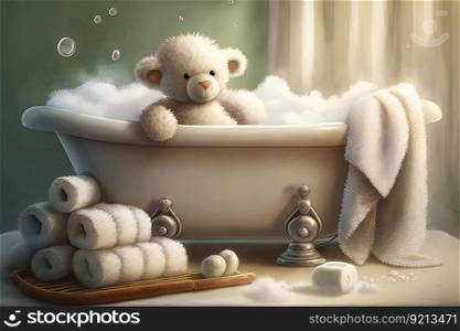 baby bathtub with warm water and essential oils, surrounded by fluffy towels, created with generative ai. baby bathtub with warm water and essential oils, surrounded by fluffy towels