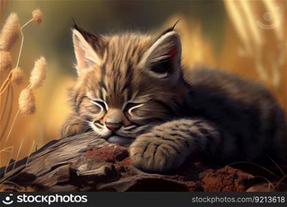 baby bobcat napping in the sun, created with generative ai. baby bobcat napping in the sun