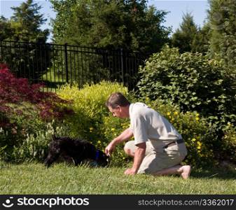 Baby boomer sitting on the grass lawn and digging for weeds in a flowerbed with pet dog