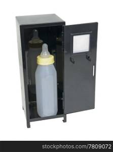 Baby bottle used to feed a baby formula as food in a black locker