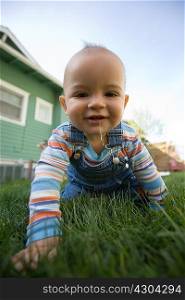 Baby boy crawling in garden