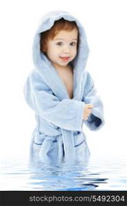 baby boy in blue robe in water