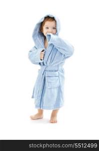 baby boy in blue robe over white