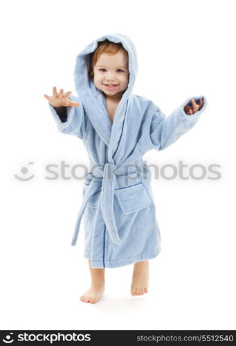 baby boy in blue robe over white