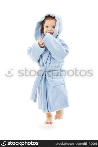 baby boy in blue robe over white