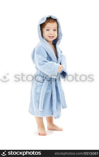 baby boy in blue robe over white