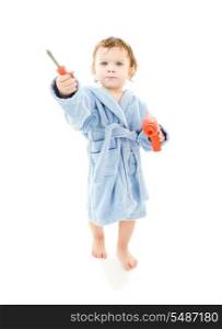 baby boy with toy tools over white