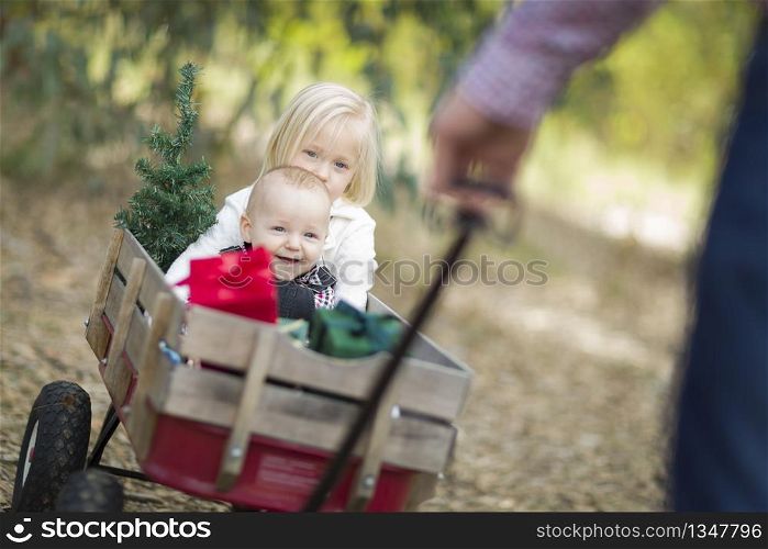 Baby Brother and Sister Being Pulled in Wagon with Christmas Tree and Gifts Outdoors.