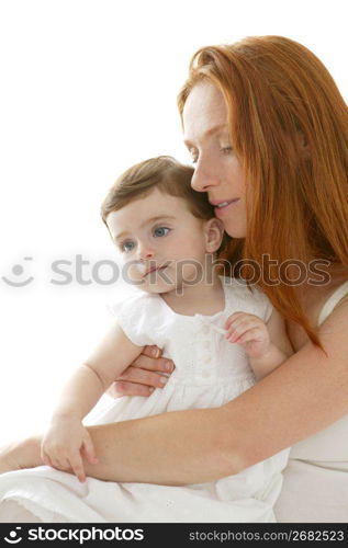 baby brunette and redhead mother love hug on white