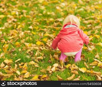 Baby collecting fallen leaves. Rear view