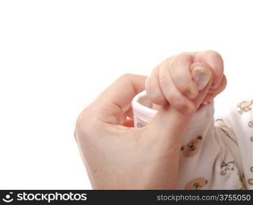 Baby connecting with mother by holding hands towards white background