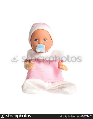 Baby doll in pink clothes isolated on white background, front angle, studio shot