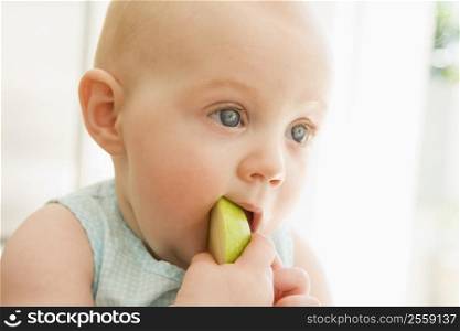 Baby eating apple indoors