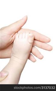 ""baby foot in mother hand; closeup""