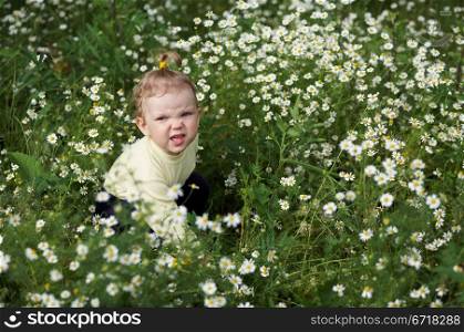 Baby-girl amongst a field with little white flowers