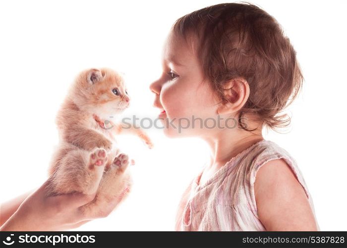 baby girl and kitten isolated on white background