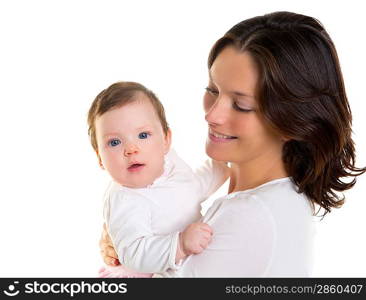 Baby girl hug in mother arms happy on white background