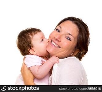 Baby girl hungry eating mother face hug in her arms on white background