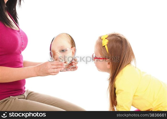 baby girl mother looking in mirror isolated