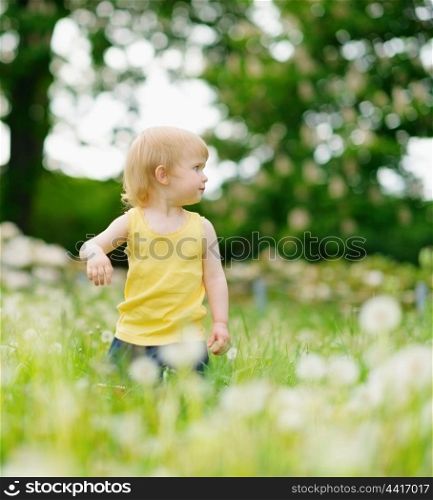 Baby girl on dandelions field looking back