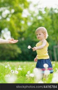 Baby girl outdoors giving dandelions to mother