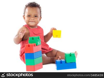 Baby girl playing with building blocks over white background