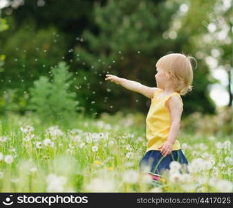 Baby girl playing with dandelions outdoors