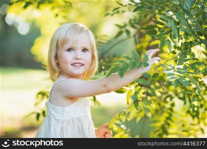 Baby girl playing with tree foliage