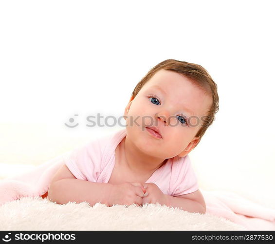 baby girl portrait dress in pink with winter white fur background