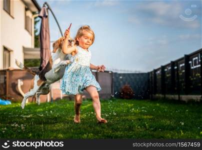 Baby girl running with beagle dog in garden on summer day. Domestic animal with children concept. Dog chasing child with a tennis ball.. Baby girl running with beagle dog in garden on summer day. Domestic animal with children concept.