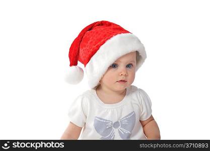 baby girl wearing santa hat on white isolated background
