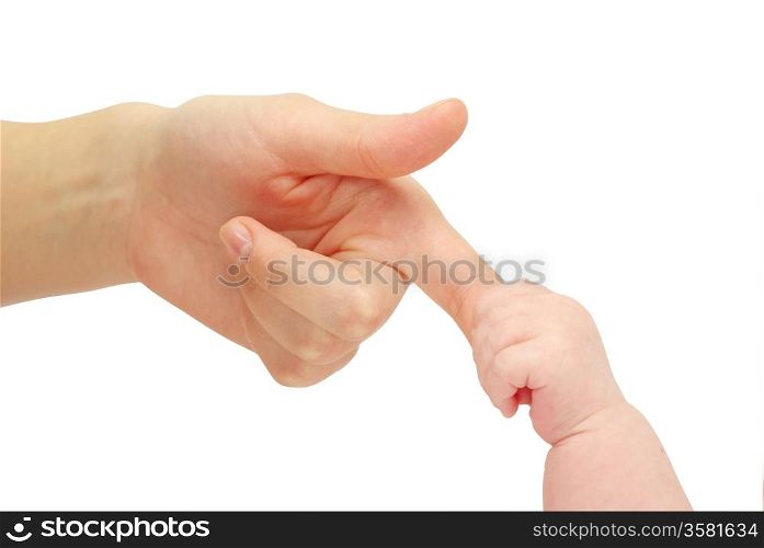 Baby hand holding mother finger isolated on white