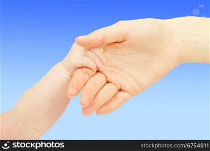 Baby hand holding mother finger isolated on white