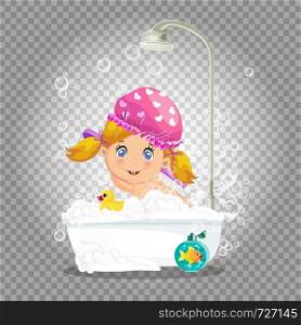 Baby in bath. Cute girl character washing hat taking bubble bath with foam, playing with rubber duck and goldfish toys in bathroom isolated on transparent background, cartoon vector illustration. Baby in bath., girl taking bubble bath with foam