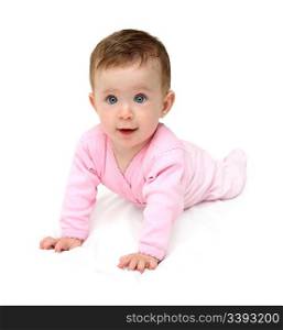baby in pink crawling on white sheet