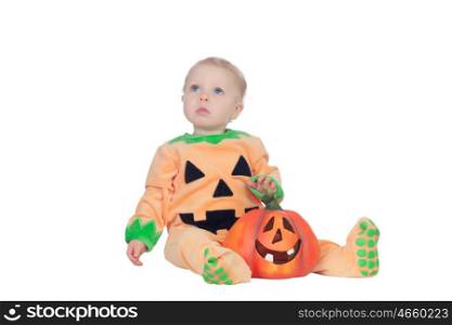 Baby in pumpkin suit isolated on a white background