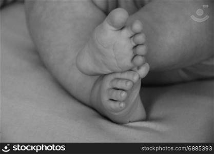 Baby, infant feet black and white photo, beautiful background for card, banner, wallpaper design