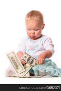 baby is counting money on white background
