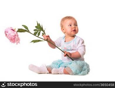 baby is holding a flower on white background